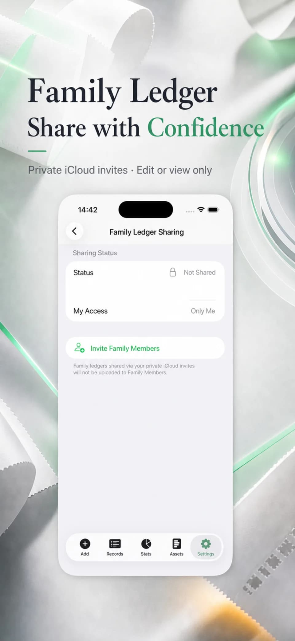 GreenBills family ledger sharing screen